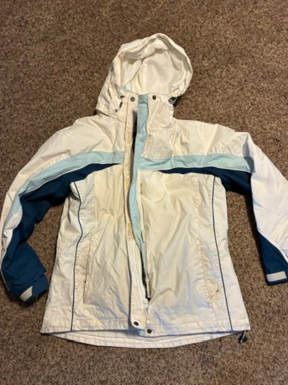Women's White and Blue winter Columbia Jacket with Hood, Large